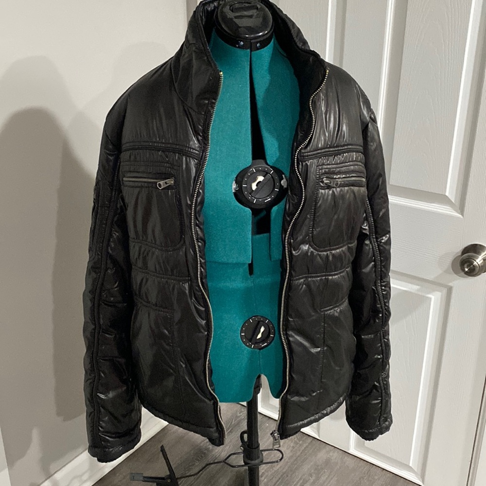 Black puffer winter coat.